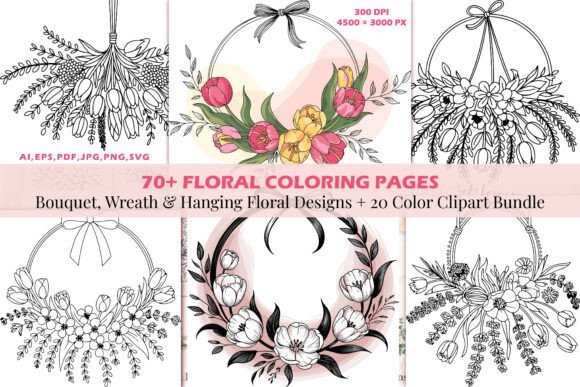 70 Floral Coloring Pages Bundle: Graphics & Coloring Pages Amp