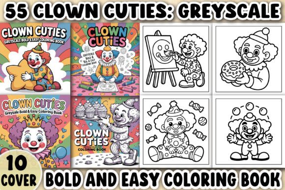 Clown Cuties Greyscale Coloring Pages Graphics