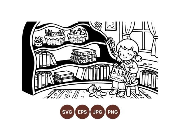 Cozy Kids Room Coloring Page: Graphics & Illustrations