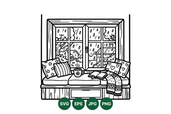 Cozy Window Seat Coloring Page: Graphics & Illustrations