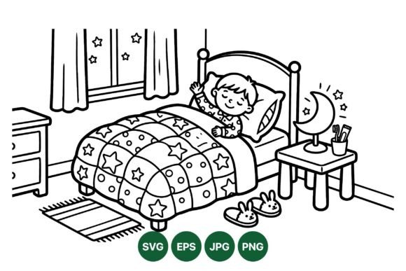 Cute Child Bedtime Coloring Page: Graphics & Illustrations