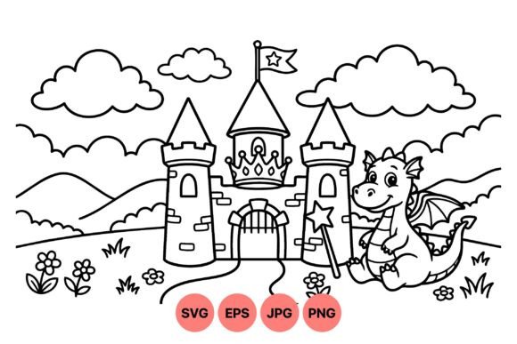 Cute Dragon Castle Coloring SVG: Graphics & Illustrations