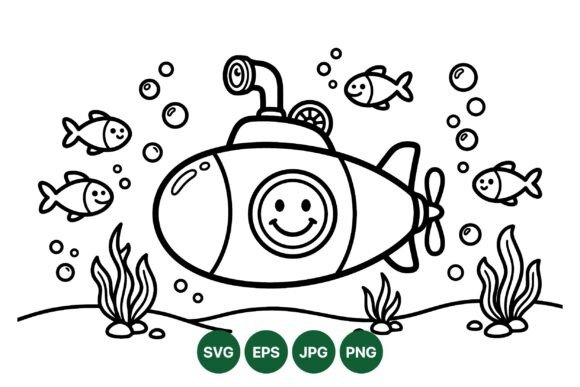 Cute Submarine Coloring Clipart: Playful Graphics & Illustrations