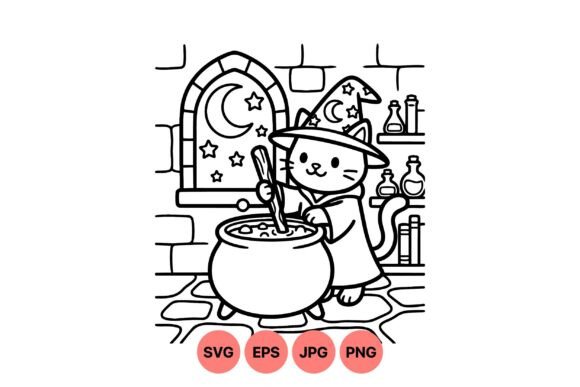 Cute Witch Cat Coloring SVG: Graphics & Illustrations