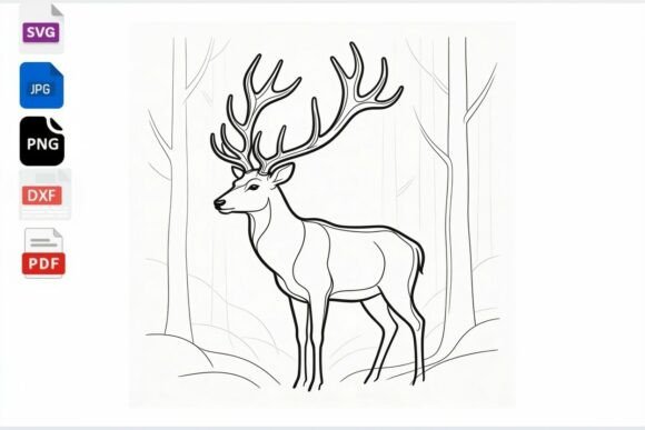 Deer Coloring Page Outline Forest: Graphics for Crafts & Branding
