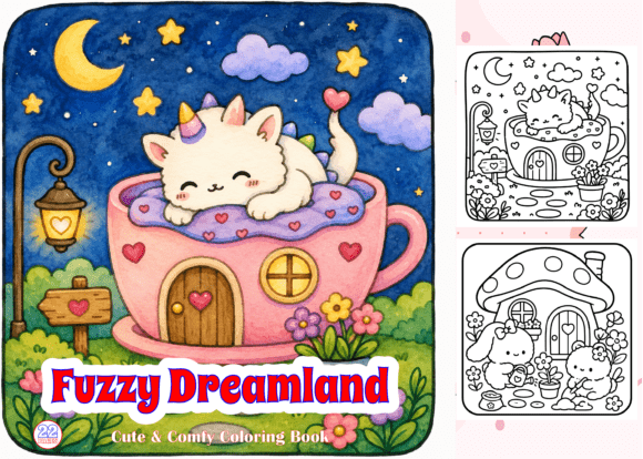 Fuzzy Dreamland Cute Comfy Coloring: Graphics & Coloring Pages Amp