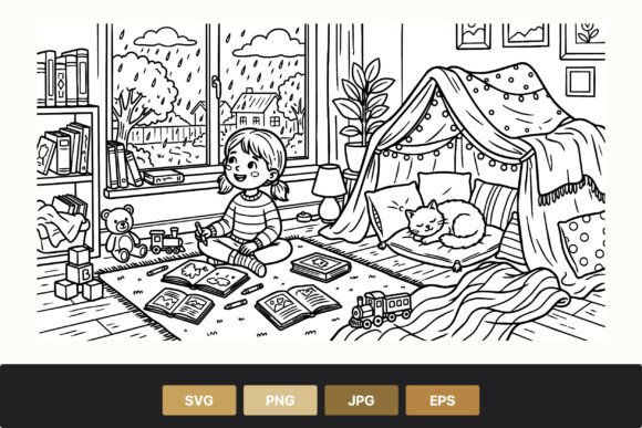 Girl Coloring in Cozy Room Black & White Graphics