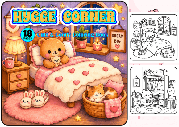 Hygge Corner Cute Comfy Coloring Book: Graphics & Coloring Pages Amp